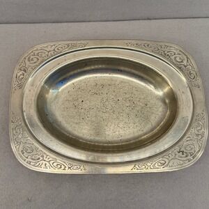 Mulholland Pewter Oval Dish 1907 K Scrollwork Border Vintage Metalware Tray